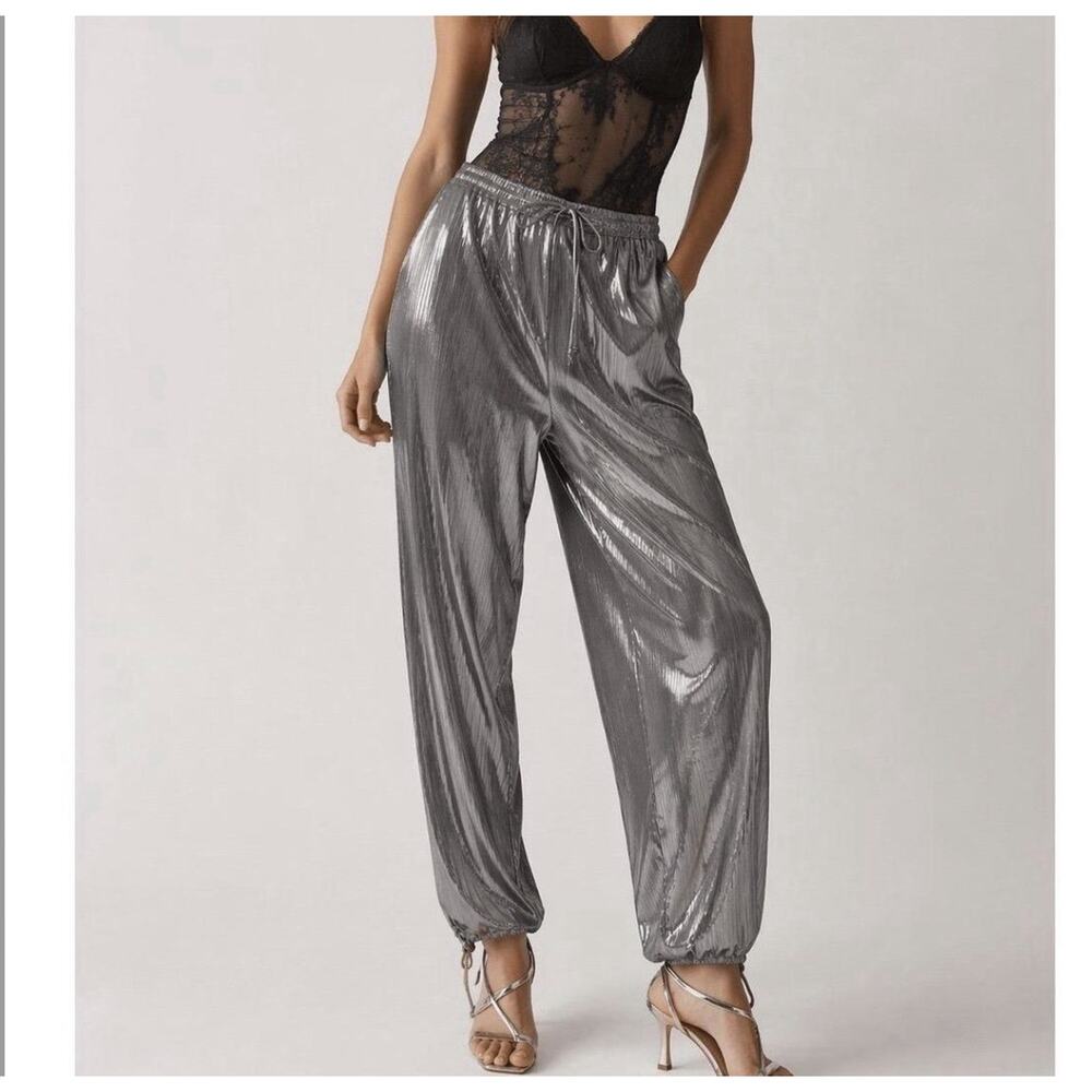 Anthropologie Liquid Shine Parachute Pants Women's Size S Silver Metallic Space